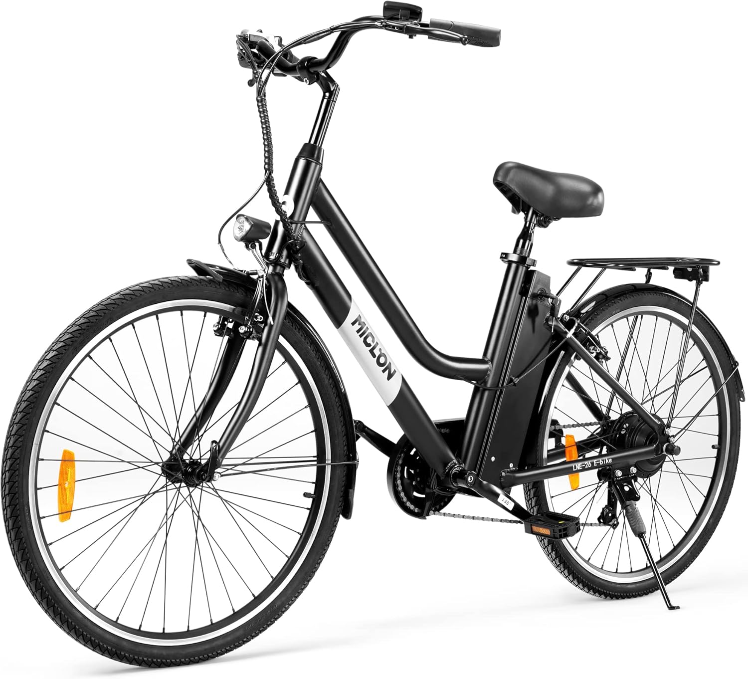 MICLON LNE 26 Electric Bike for Adults, Removable 36V 10AH Battery, Up to 40 Miles, 250W Brushless Motor, Adjustable Handlebars, Rear Rack, LED Lights, Shimano 7 Speed, 26&rdquo; City EBike