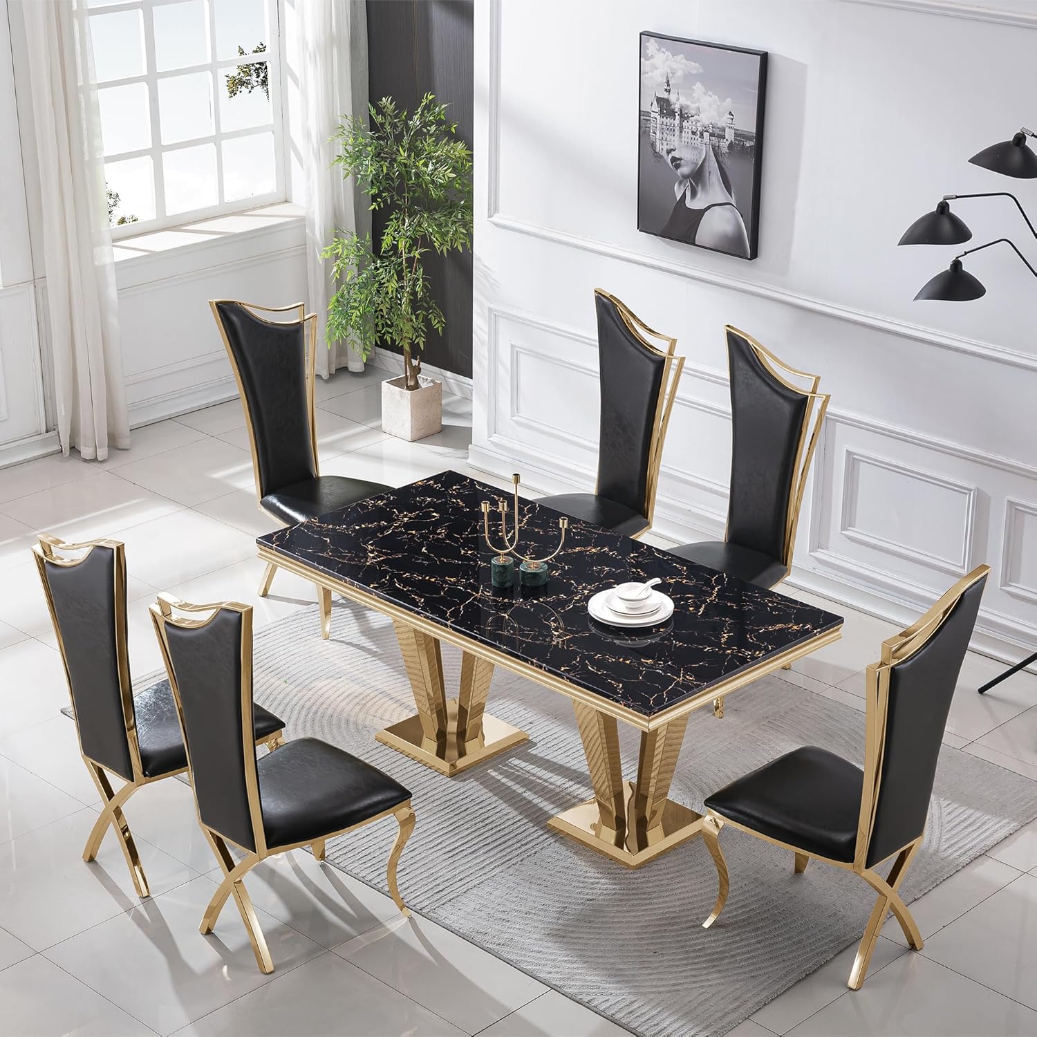 Modern Dining Room Table Set for 6, Marble Dining Table Set for 6, 70" Black Gold Marble Dining Table with 6 Upholstered PU Leather Chairs, 7 Piece Dining Table Set for Dining Room Kitchen