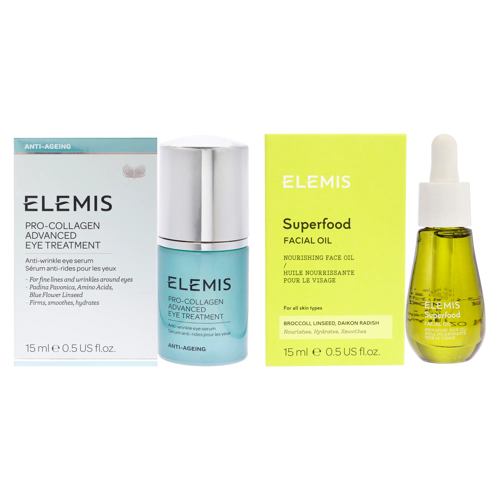 Superfood Facial Oil and Pro-Collagen Advanced Eye Treatment Kit by Elemis for Women - 2 Pc Kit 0.5oz Oil, 0.5oz Treatment