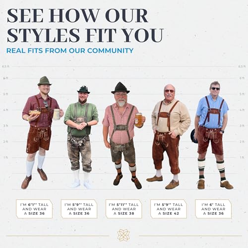 Lederhosen Men - Genuine Leather Authentic German Lederhosen for Men, Oktoberfest Outfit - Light Brown Knee