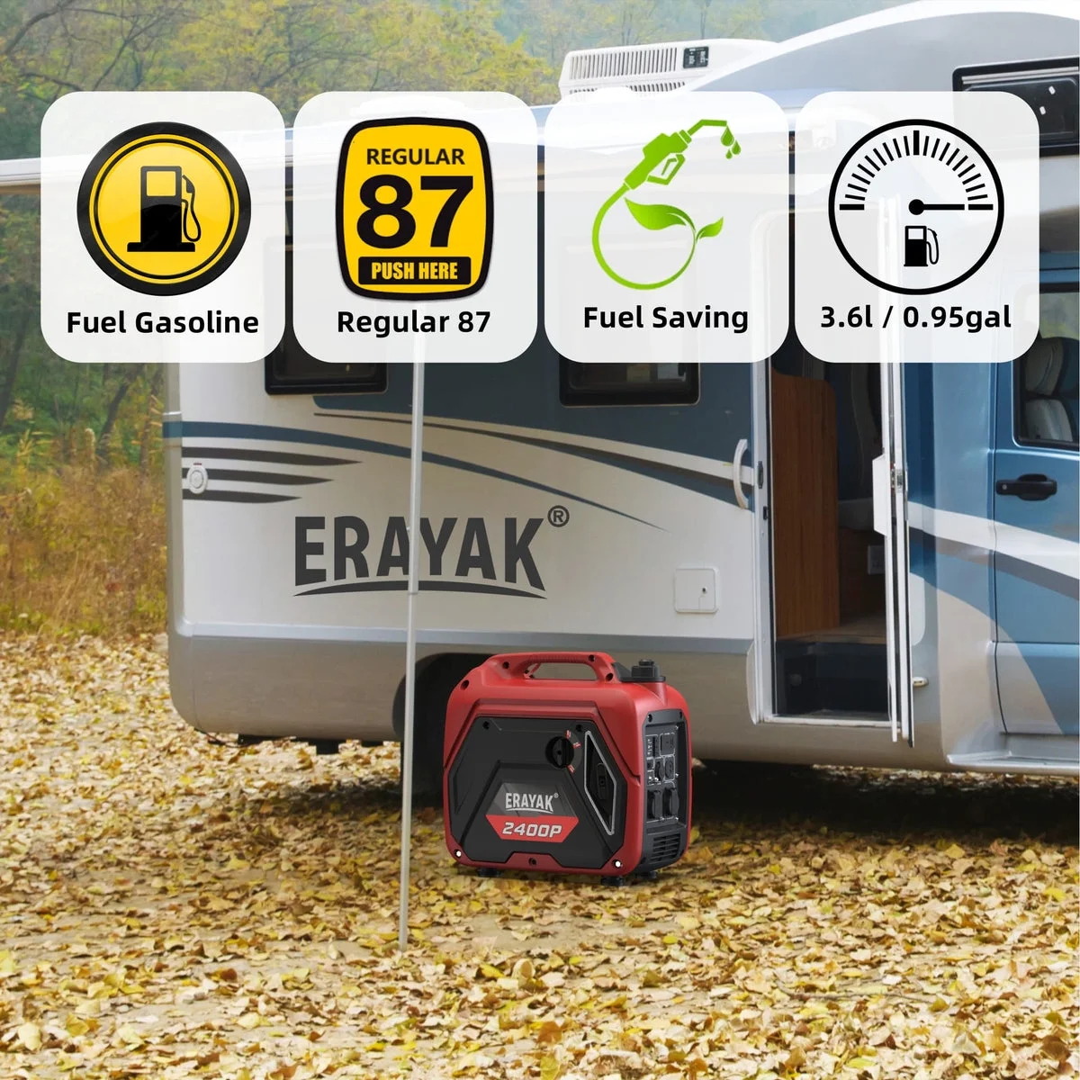 Erayak Portable Inverter Generator 2400W, Super Quiet, For RV, Camping & Home Backup Fuel Gasoline