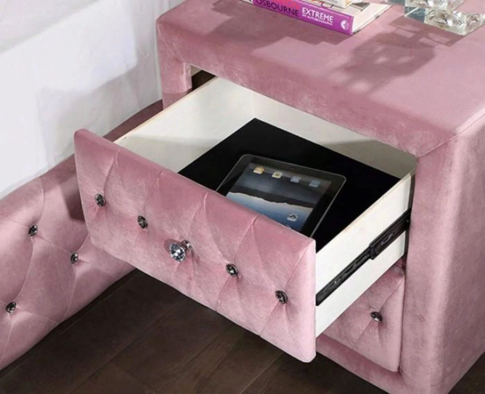 Glam Pink Upholstered Tufted Velvet Like Fabric 4pc Twin Size Bed Set Dresser Mirror Nightstand Bedroom Furniture