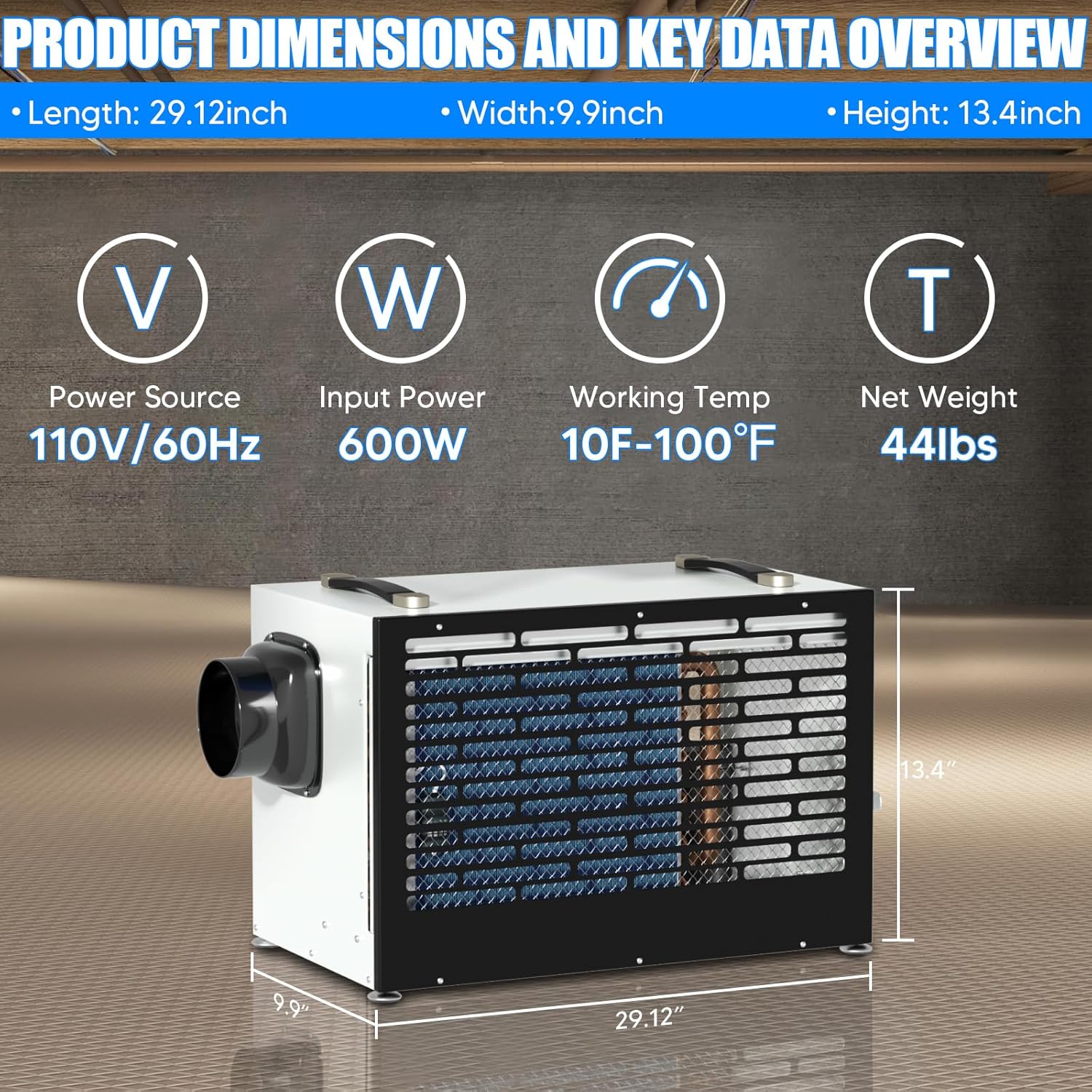 Crawl Space Dehumidifier,145 Pint Energy Star Commercial Dehumidifier,with Drain Hose, AutoDefrost, Memory Restart Starting,Whole House Dehumidifier for Basements, Warehouses