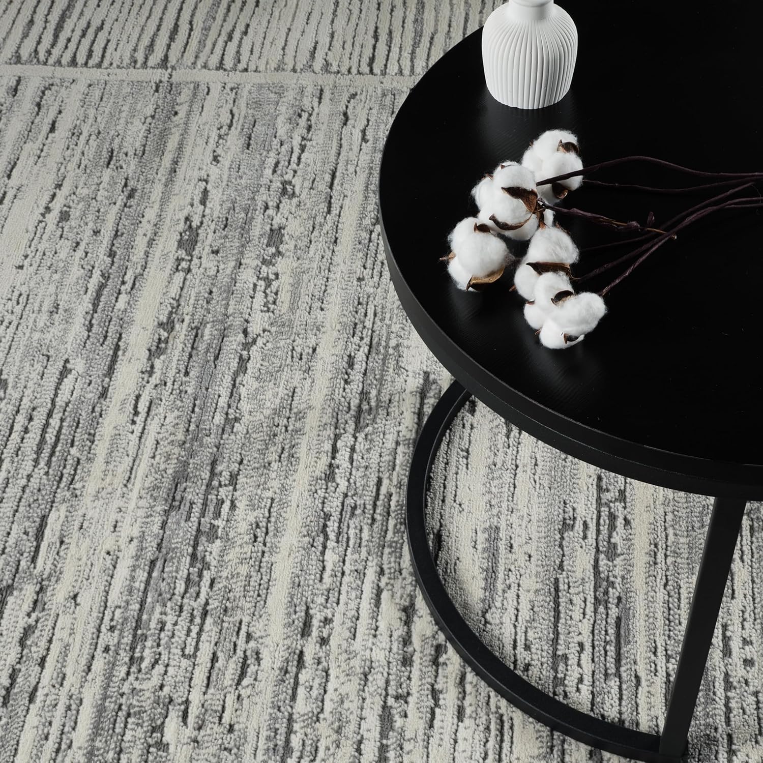 High-Low 8x10 Area Rug - Striped Design - Stain Resistant - Grey & Ivory - for Bedroom, Dining Room, Living Room