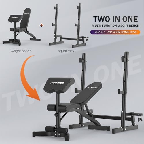 Muti-functional Adjustable Weight Bench/Workout Bench with Barbell Rack Set for Home Gym, Upright Incline Flat Exercise Benches with Preacher Pad