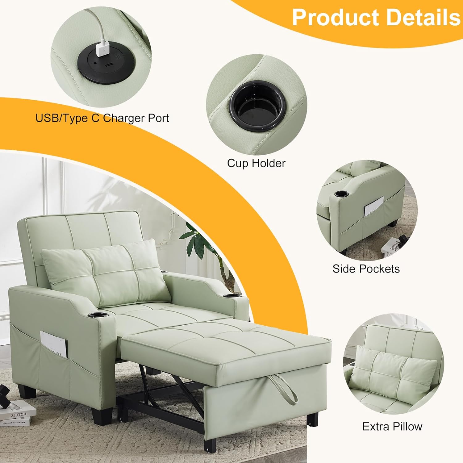 Karl home Sleeper Chair 3-in-1 Pull Out Sofa Bed Convertible Reading Chair with USB/Type C Ports Adjustable Sofa Bed with Cup Holders, PU Leather Mint Green