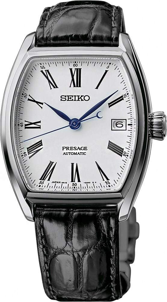 Seiko Presage Automatic White Enamel Dial Crescent Roman Tonneau Watch SPB049J1