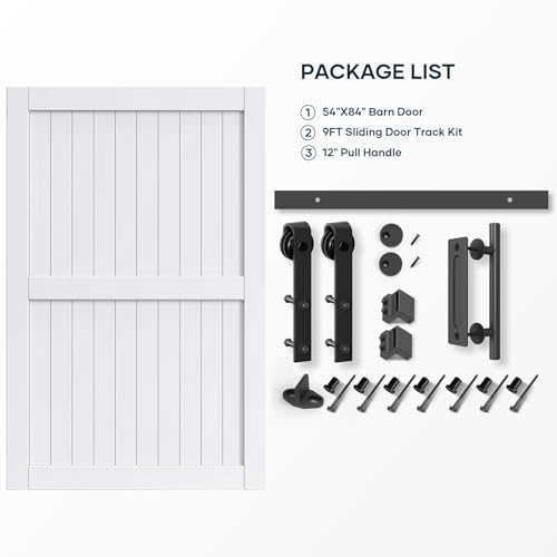 EaseLife 54 x 84 inch White Barn Door with 9FT Sliding Door Hardware Kit Included & Handle,Solid Wood Covered with Waterproof PVC Surface,DIY Assemblely,Easy Install,H-Frame,Fit 50-52in Wide Opening