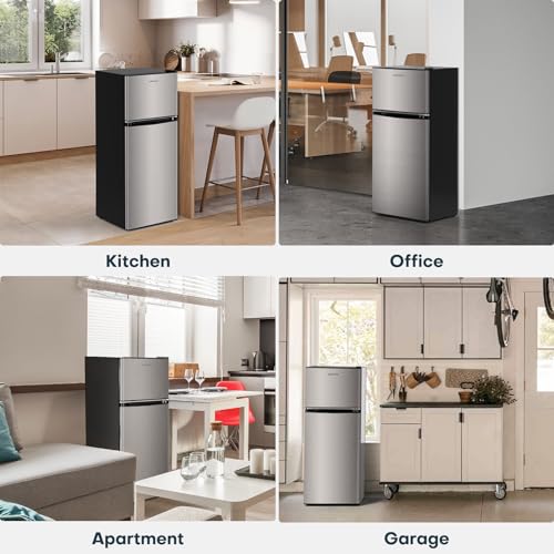 Upstreman 4.0 Cu.Ft. Small Refrigerator with Freezer, Dorm Essentials, Double Door Mini Fridge for Office, Dorm, Bedroom, Adjustable Thermostat, Large Capacity, Black-BR401