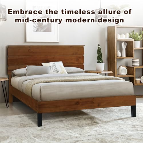 Mid-Century Modern Solid Wood Bed Frame Queen Size Platform Bed with Three-Piece Headboard Design, No Box Spring Needed, Brown