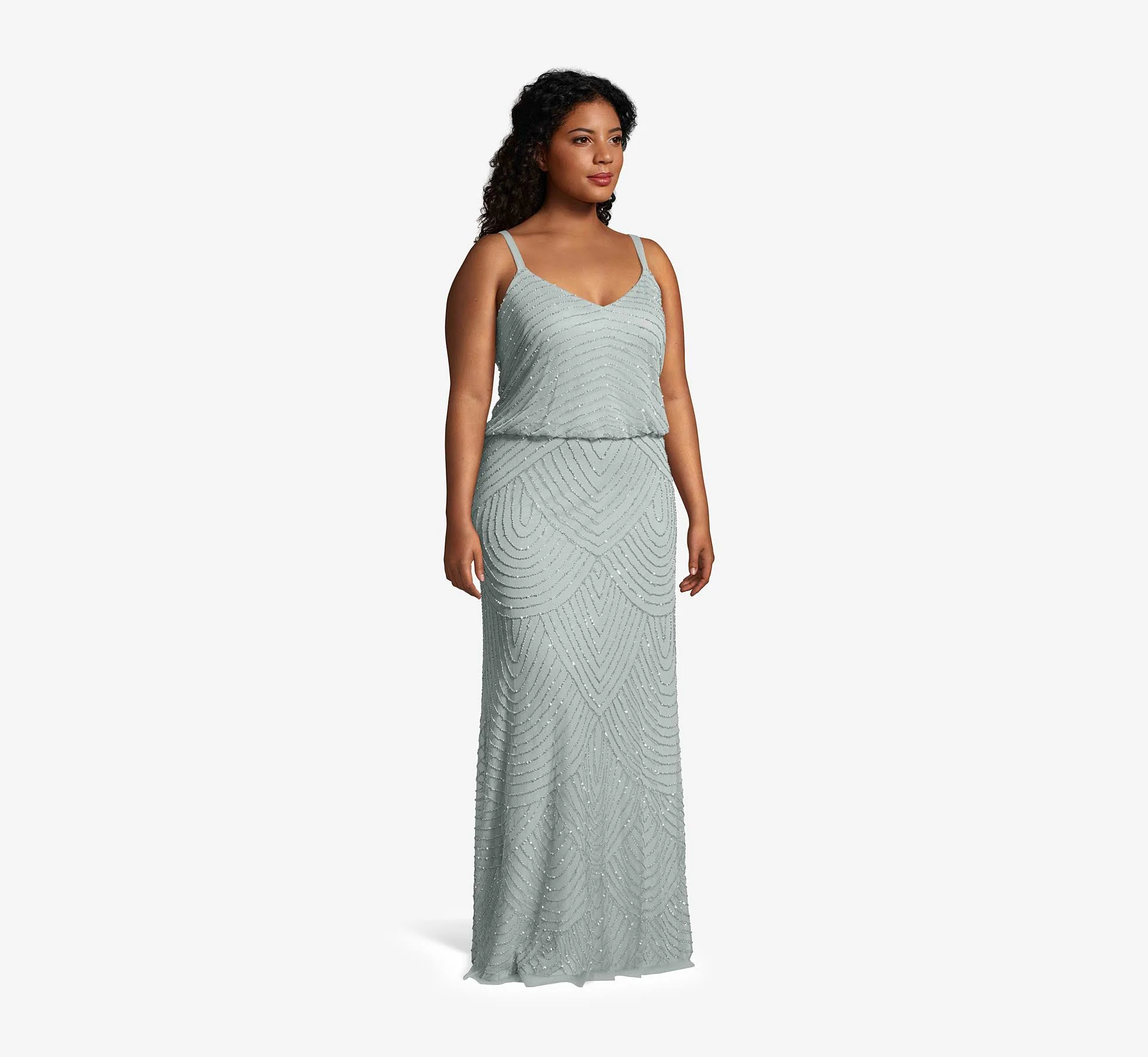Adrianna Papell Art Deco Beaded Blouson Gown, Green, Size: 0