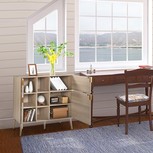 Storage Cabinet with Doors and Shelves, Pantry Cabinet Cupboard w/4 Doors 3 Open Shelves, Freestanding Sideboard Buffet Cabinet Floor Cabinet for Kitchen Laundry Utility Room