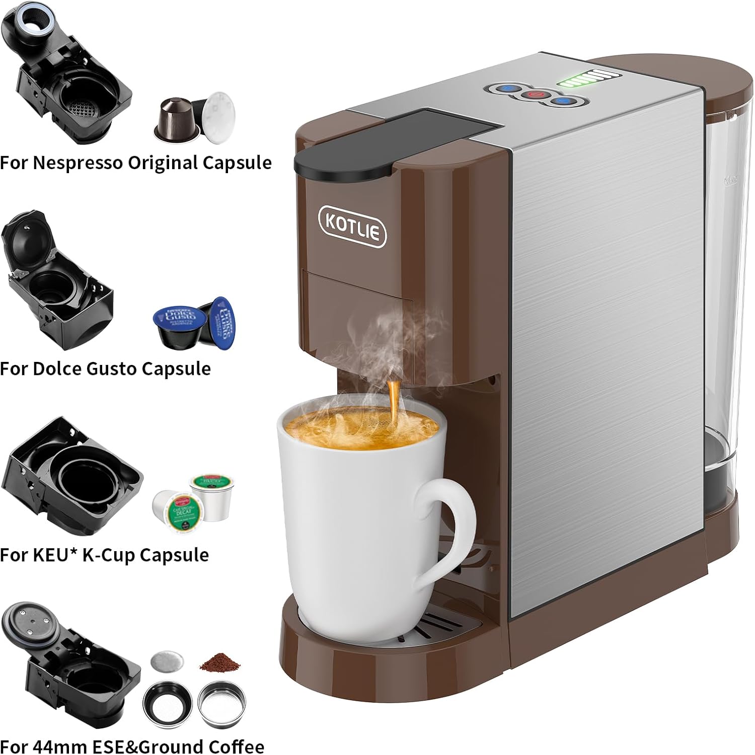 KOTLIE Multifunctional 5in1 Espresso Machine, 19Bar Pressure Single Serve Coffee Maker for Nespresso Original/Dolce Gusto/K cup/Ground Coffee/illy 44mm ESE, Cold&Hot Brew, Level 7 watervolume