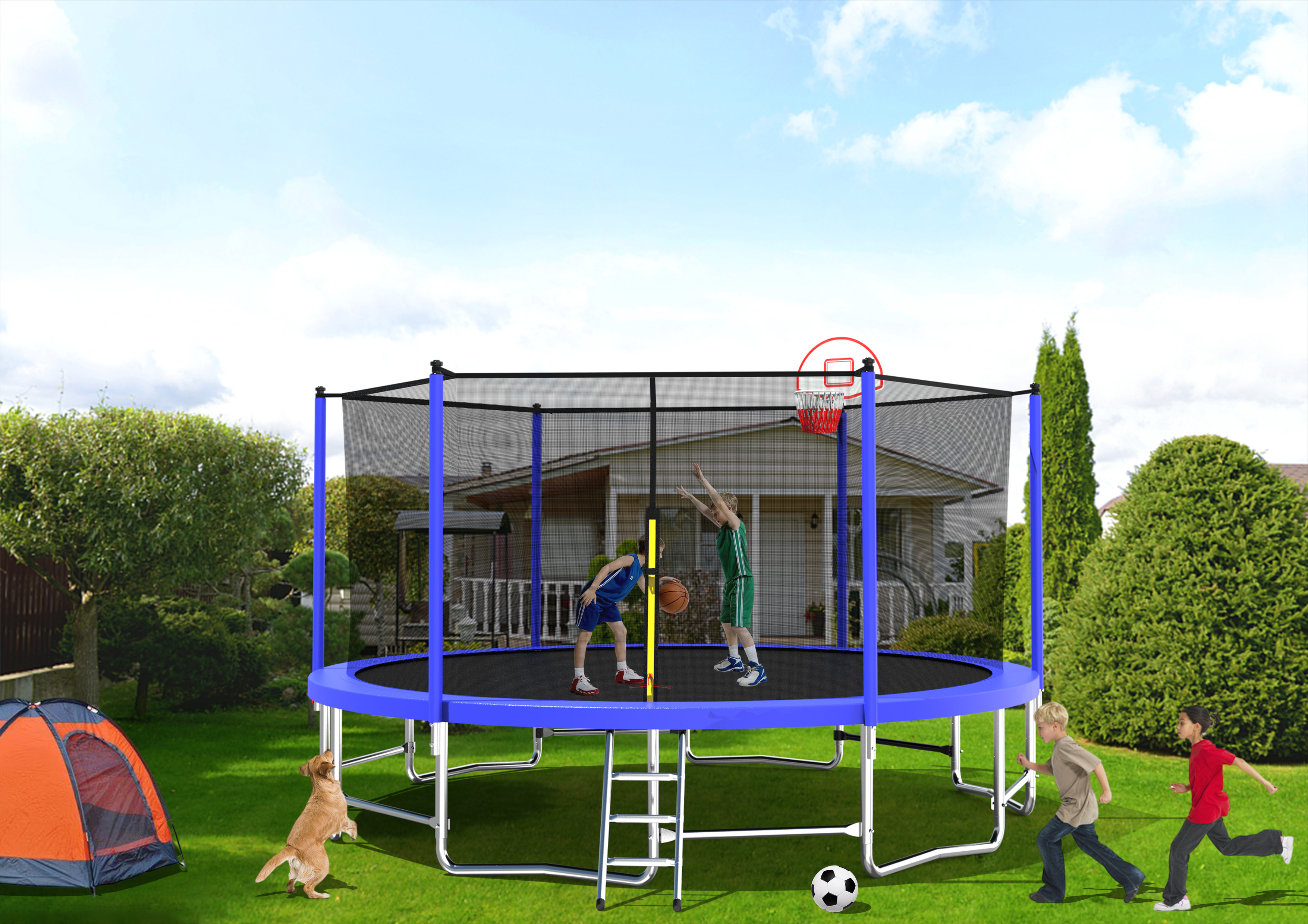 Trampoline for Kids, 16FT Large Trampoline with Enclosure & Reinforced Frame, 2-IN-1 Adults Rebounder & Basketball Hoop with Balance Bar, 1323 LBS Weight Capacity