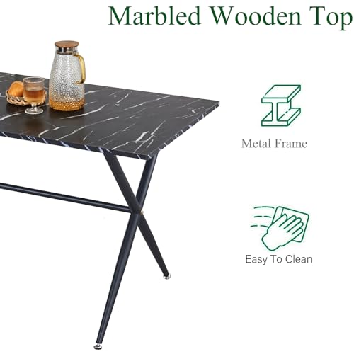 Dining Table Set for 4 Marbled Kitchen Table with 2 Dining Benches, 3 Piece Dining Room Set for Small Space and Apartment Home Kitchen (White and White)