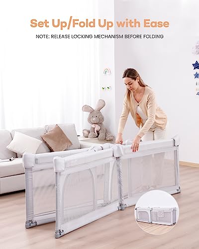 Baby Playpen Playard Foldable, Extra Large Playpen for Babies and Toddlers, Safe Sturdy Baby Fence Play Area with Gate, Removable Bottom, 79 x 59 x 27 Inches, Grey