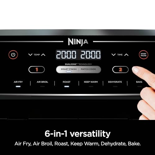 Ninja DZ201 Foodi 8 Quart 6-in-1 DualZone 2-Basket Air Fryer with 2 Independent Frying Baskets, Match Cook & Smart Finish to Roast, Broil, Dehydrate & More for Quick, Easy Meals, Grey