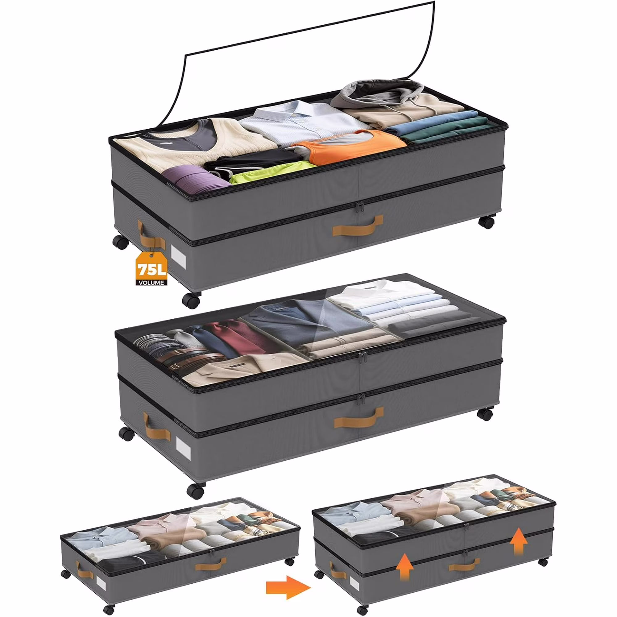 Under Bed Storage with Wheels 2-Pack, 75L XXL Under the Bed Storage Containers Large, 12 Tall Adjustable Storage for Underbed with Lids, Rolling for Shoes, Clothes, Blankets (Grey)