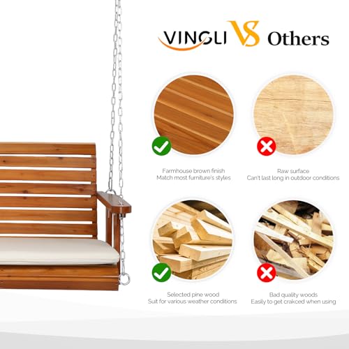 VINGLI Heavy Duty 880 LBS Patio Wooden Porch Swing Outdoor with Extra Cushion, Farmhouse Hanging Bench Tree Swing with Adjustable Chains for Yard | Garden | Lawn | Balcony (5 FT, Rustic)