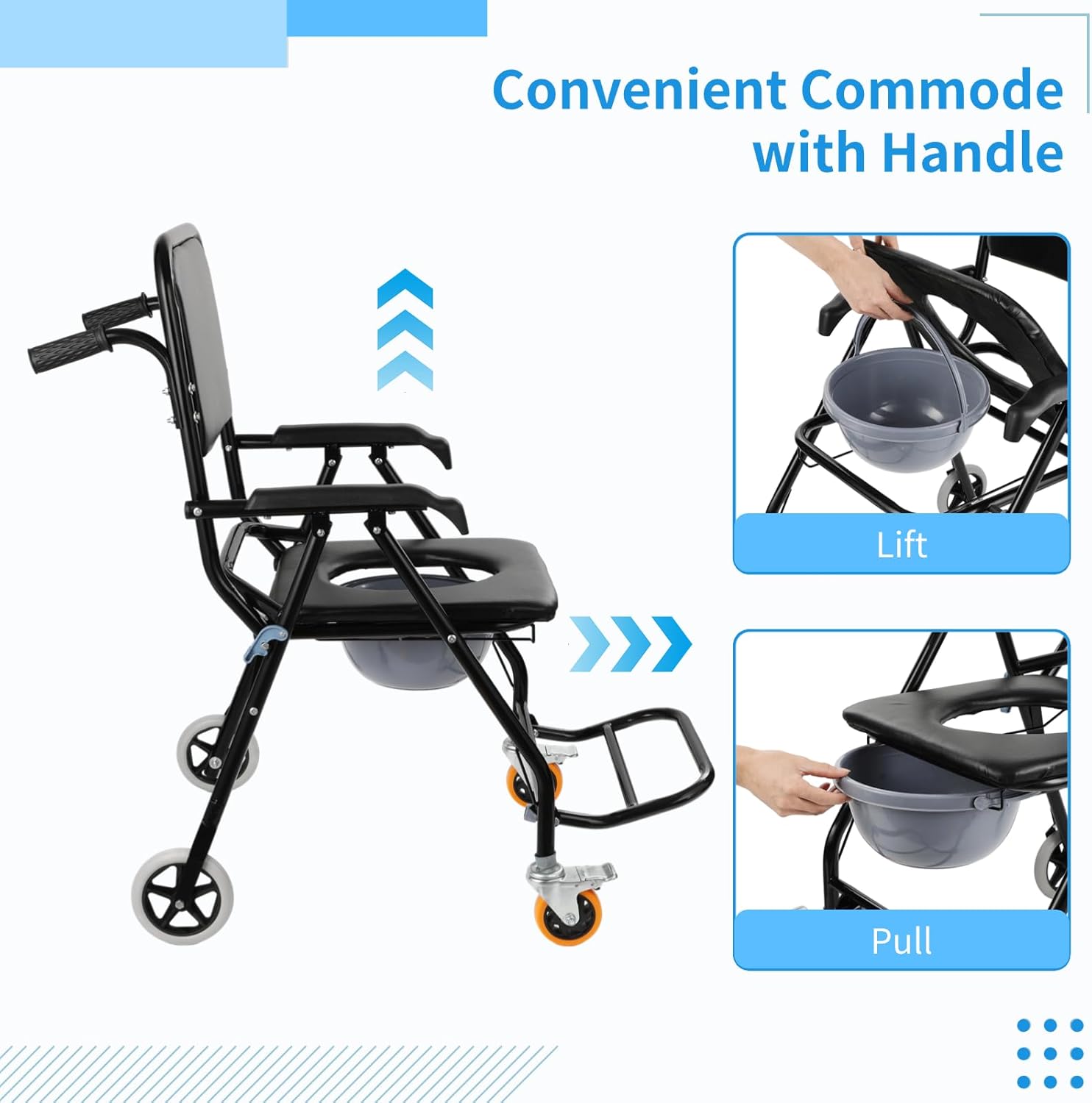 4-in-1 Bedside Commode Shower Wheelchair, Mobile Shower Commode Chair with Lockable Wheels, Foldable Potty Chair with 3 Rolls Bags, Armrests & Footrest for Elderly and Disabled-300lbs