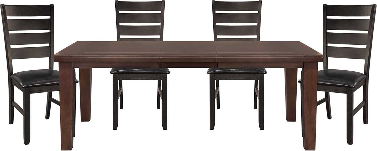 Contemporary Dark Oak Finish Dining 5pc Set Table w Self-Storing Leaf and 4X Side Chairs Solid Clean Lines Design Furniture