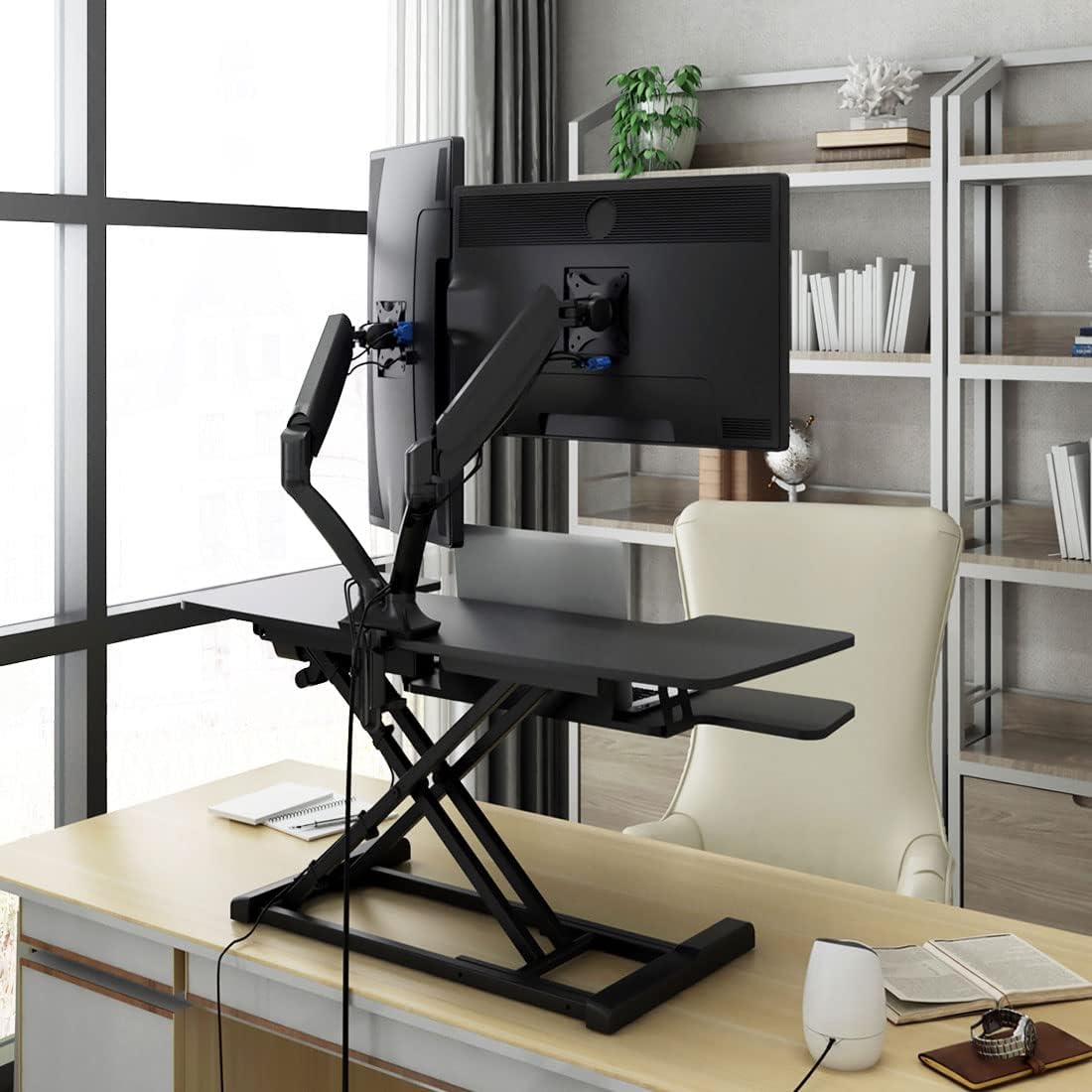 FlexiSpot Motorized Standing Desk Converter 36" Wide Electric Stand up Desk Riser for Monitor and Laptop,Black Height Adjustable Desk for Home Office EM7MB