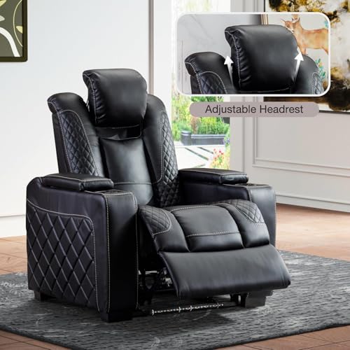 Electric Power Recliner Chair with Adjustable Headrest, Faux Leather Home Theater Seating Chairs with Ambient Lighting, Hidden Arm Storage, USB Ports, Cup Holders, for Movie & Media Room, Brown