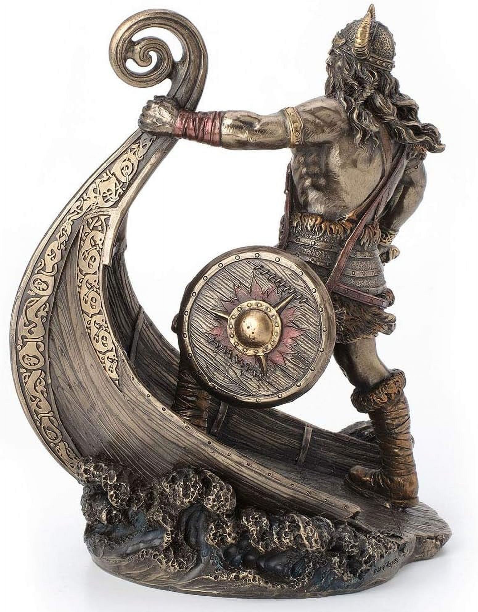 Inch Norse Viking Standing On Long Ship Prow Antique Bronze Finish Statue