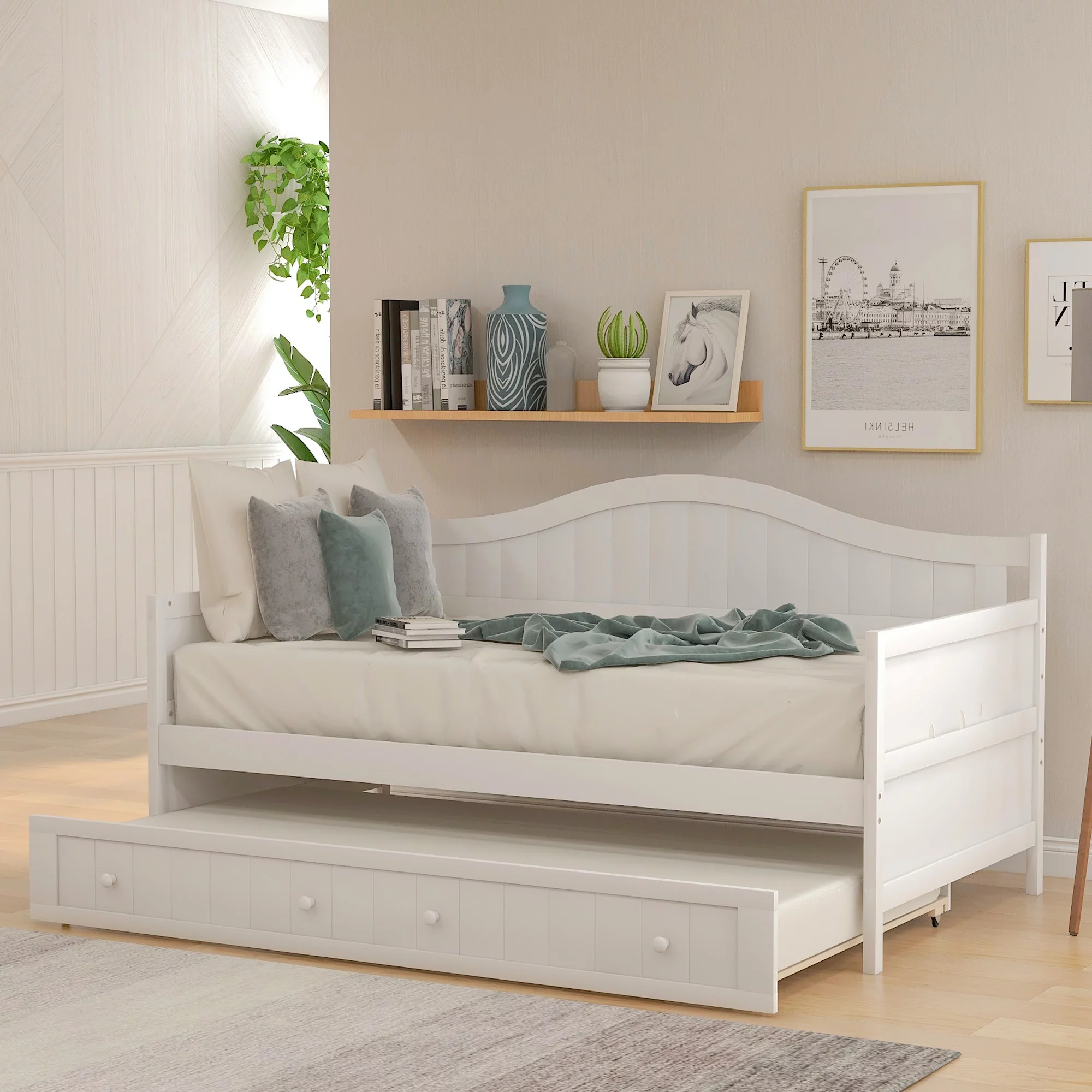 White Wooden Twin Size Daybed with Trundle Bed