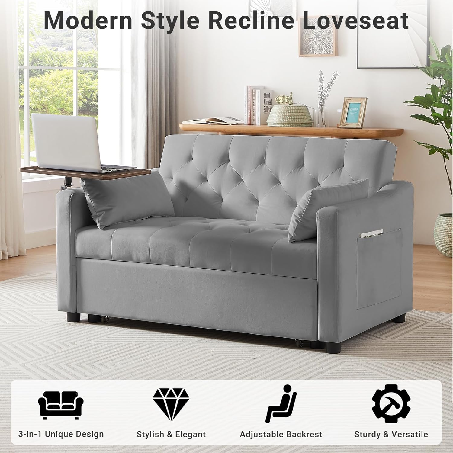 3 in 1 Convertible Couch, Pull Out Sofa Bed with 3-Level Adjustable Backrest, Sleeper Loveseat with Storage and Pillows, Modern Recliner for Living Room Apartment Office, Full Size, Gray