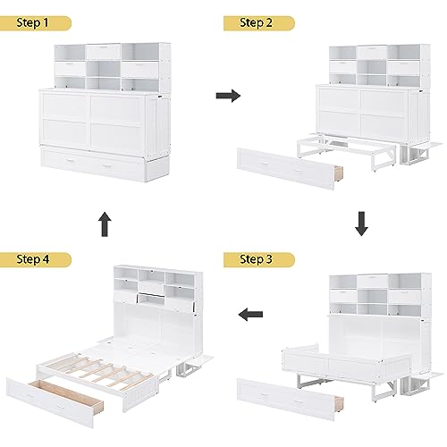 Murphy Bed Queen Size Cabinet BedFrame with Bookcase, Bedside Shelves and a Big Drawer for Bedroom and Guestroom,Office,White