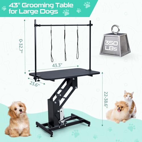 43.3" Hydraulic Dog Grooming Table for Pet, Heavy Duty Structural Hydraulic Max Load 350Lbs Professional Pet Grooming Table with Adjustable Overhead Arm & Noose Height Range 22''-39'' (WHITE)