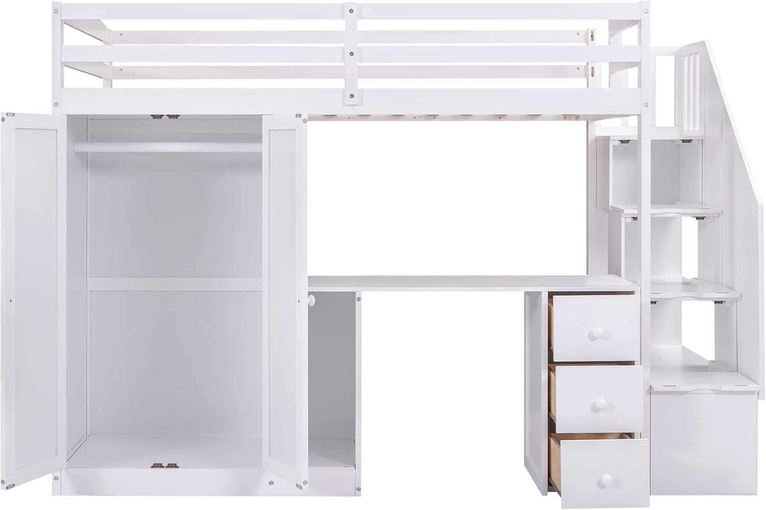 Twin Loft Bed with Stairs and Wardrobe, Wooden Twin Size Loft Bed with Desk Underneath, Loft Bed with Storage Staircase and Shelves for Girls Boys Teens,White