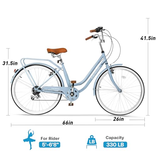 26 Inch Womens Bike, Beach Cruiser Bike for Women, Hybrid Cruiser Bike with 7 Speed, Adjustable Seat, Lightweight Women Beach Cruiser Bike with Anti-Skid Tires, Multi Colors