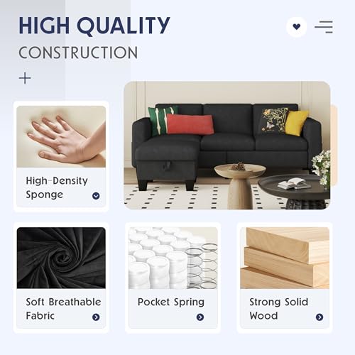 Convertible Sectional Sofa Couch Beige 3Seat L-Shaped Sectional Sofa Couch with Storage Ottoman and Pockets,Modern Linen Fabric Upholstered Sofa Furniture Set for Living Room Small Space Bedroom