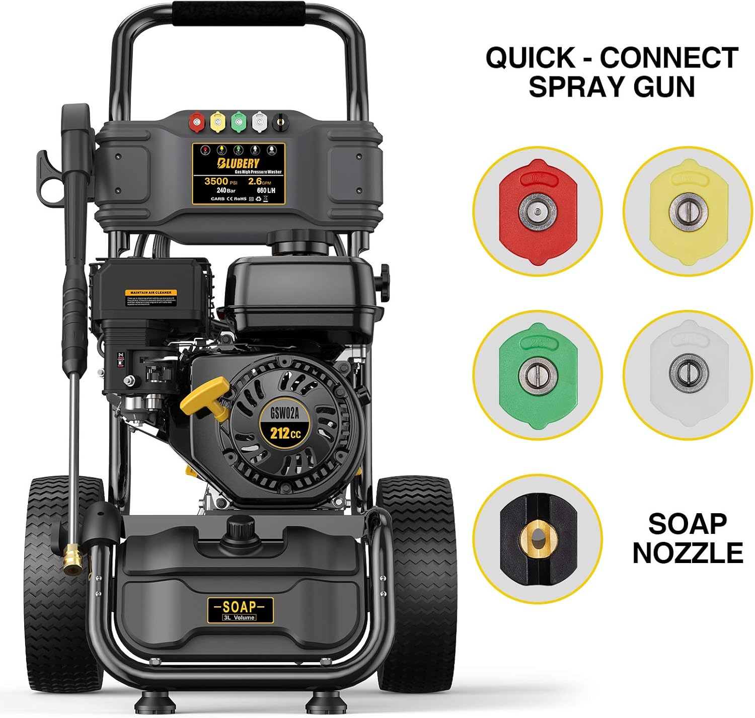 BLUBERY 3500PSI Gas Pressure Washer, 2.6GPM 212CC Power Washer, 50FT Hose&Soap Container, 5 Adjustable Nozzles, Cleaning for Driveway/Concrete/Vinyl Fencing, CARB&EPA CERT…