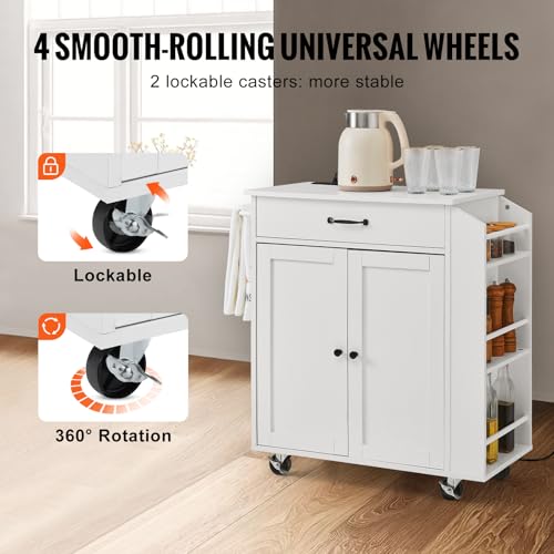 VEVOR Kitchen Island Cart with Solid Wood Top, 35.4" Width Mobile Carts with Storage Cabinet, Rolling Kitchen Table with Spice Rack, Towel Rack, and Drawer, Portable Islands on Wheels, White
