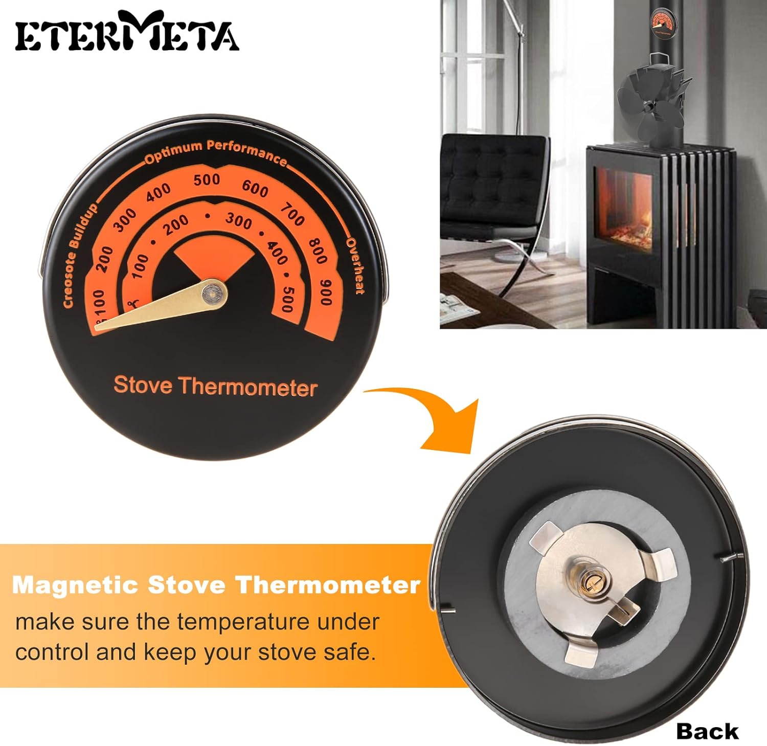 Etermeta Stove Fan, 4 Blade Pipe Hanging Fan, Heat Activated Fan for Wood Stove, with Stove Thermometer for Wood/Log Burner/Fireplace, Eco Friendly Efficiently Fireplace Fan Pack of 2
