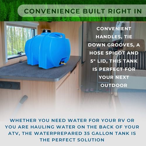 35 Gallon Utility Water Tank with Large Cap for Easy Filling, 3/4 Inch Brass Spigot, 2 Built in Strapping Points and 2 Handles, Blue