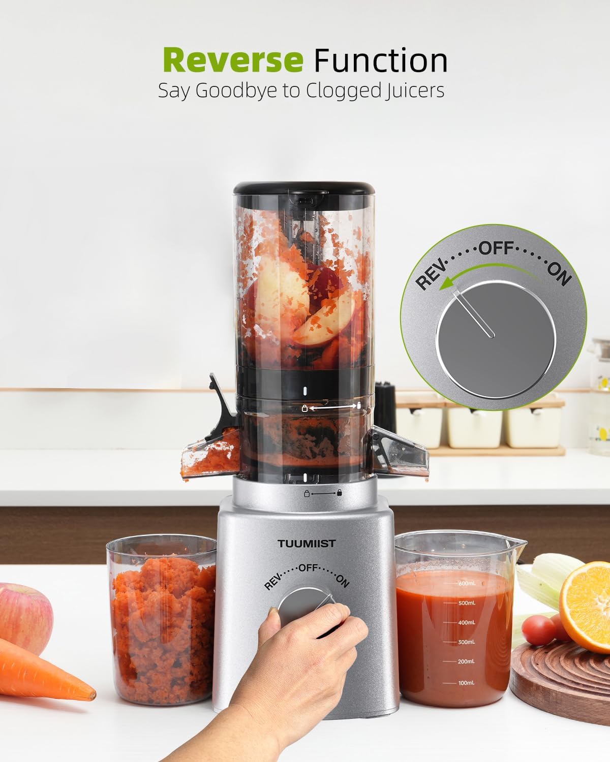 Juicer Machines, TUUMIIST Cold Press Juicer with 4.25'' Large Feed Chute Fit Whole Vegetable And Fruit, Masticating Juicer Easy To Clean, BPA Free(Silvery)