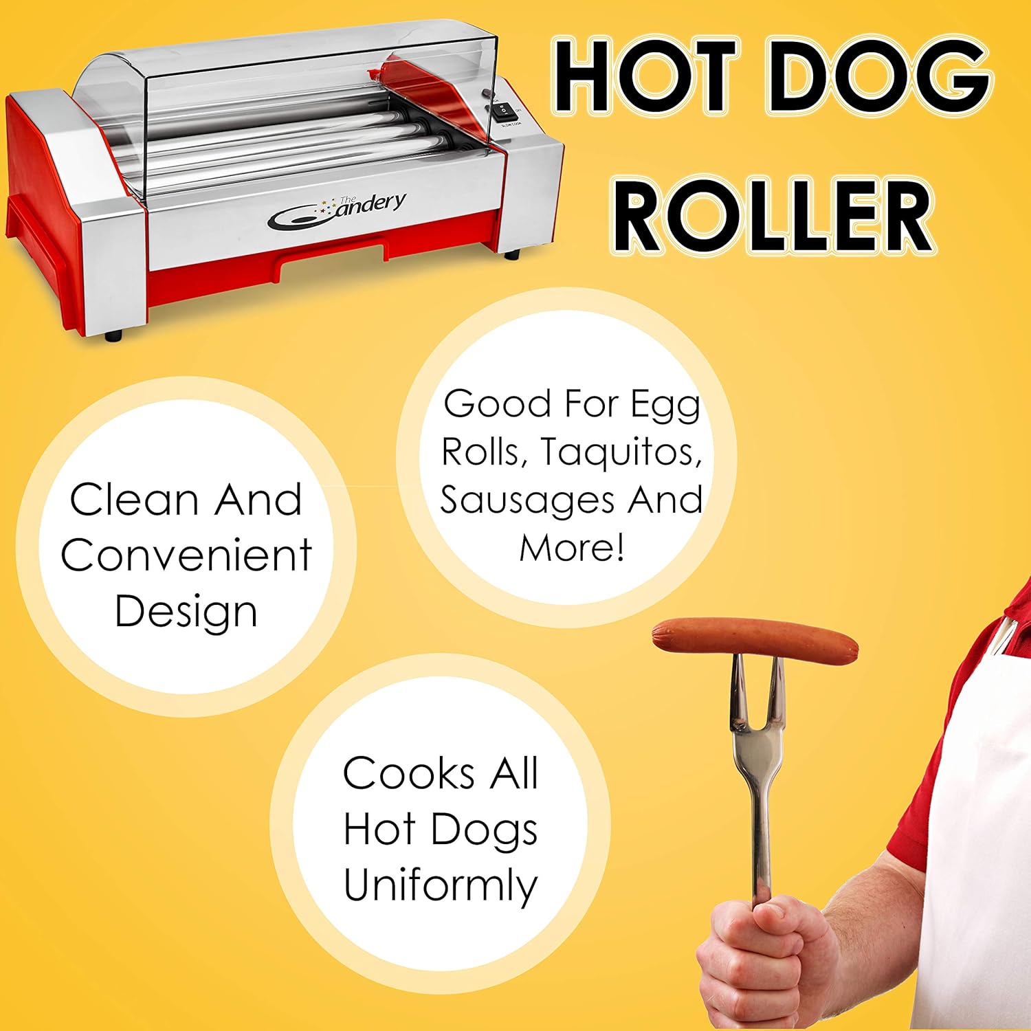 The Candery Hot Dog Roller - Sausage Grill Cooker Machine - 6 Hot Dog Capacity - Household Hot Dog Machine for Children and Adults