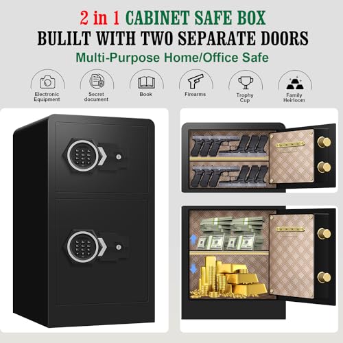 7.2Cu ft Extra Large Home Safes Water and Fireproof with Two Departments, Large Fireproof Safe for Home Use With Hidden Compartment, Separate Lock Box and Led Light (Large Safe)