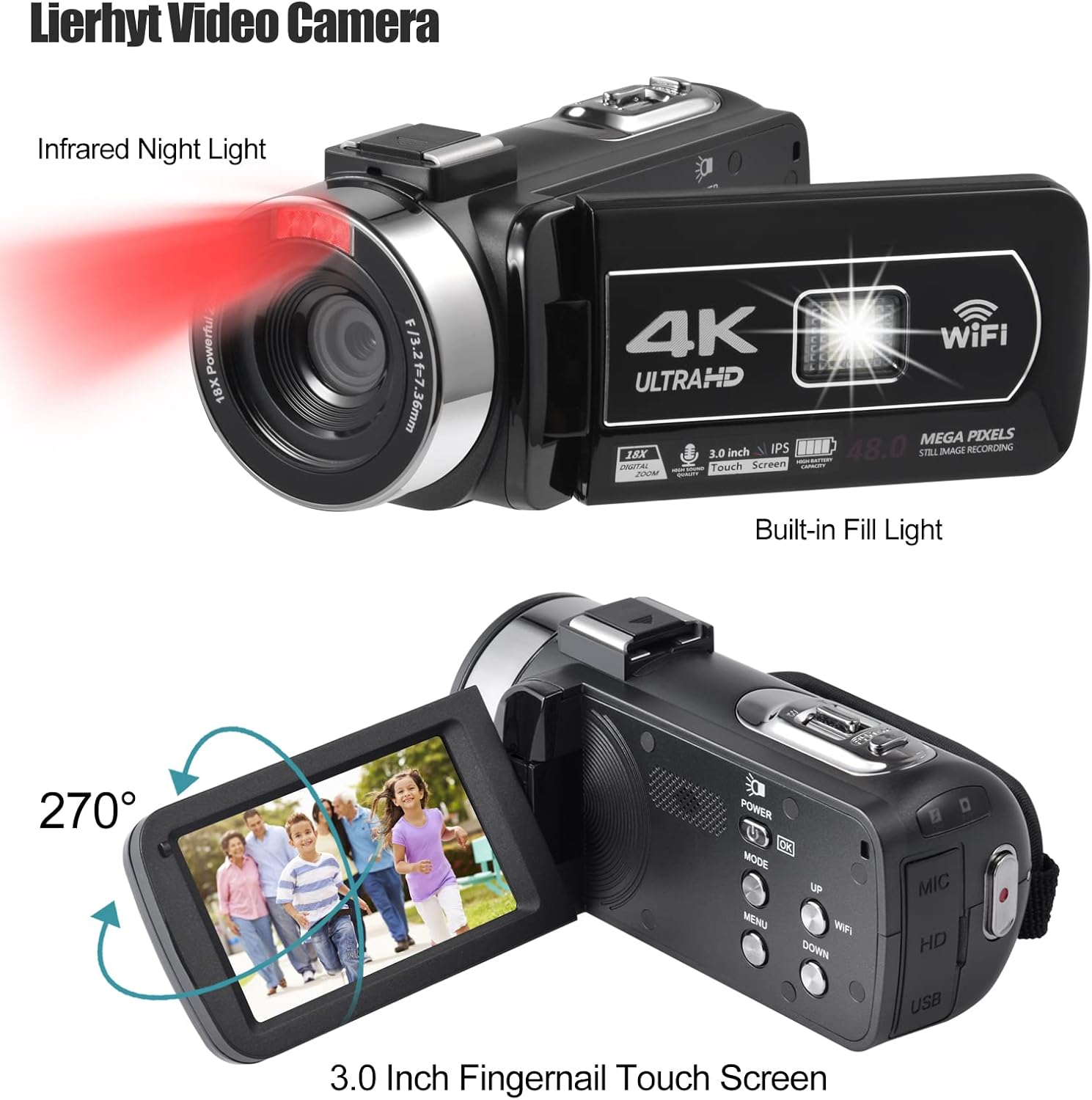 Video Camera 4K 18X Powerful Digital Zoom,48MP 3.0 Inch IPS Vlogging Camera for YouTube,270 Degree Rotation Touch Screen Camcorder with Microphone,IR Night Vision and 2 Batteries(Black)