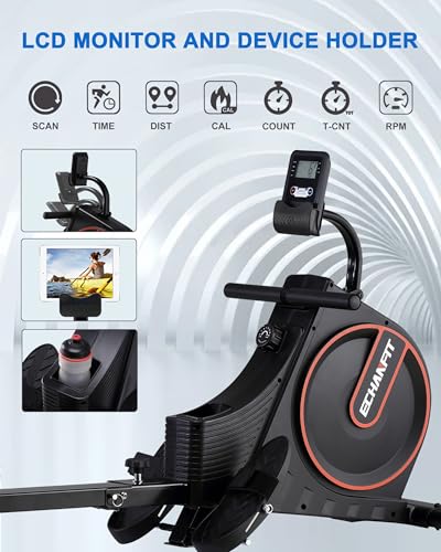 ECHANFIT Magnetic Rowing Machine for Home，Foldable Rower Machine Whit 350 LB Weight Capacity 16 Levels Adjustable Resistance LCD Monitor and Tablet Holder,Optional Free App