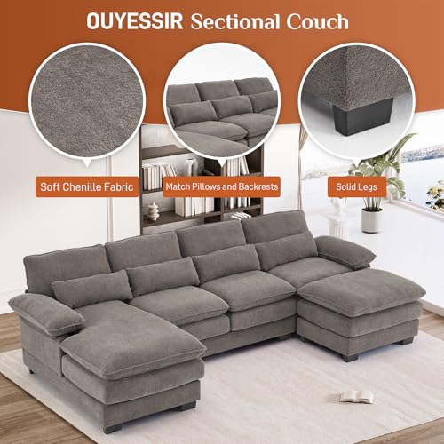 OUYESSIR 114" U Shape Sectional Sofa Cloud Couch for Living Room, Upholstery Comfy Modular Sofa, 4 Seat Chenille L-Shaped Sleeper Sofa with Chaise Lounge, Ottoman & Pillows,Beige White