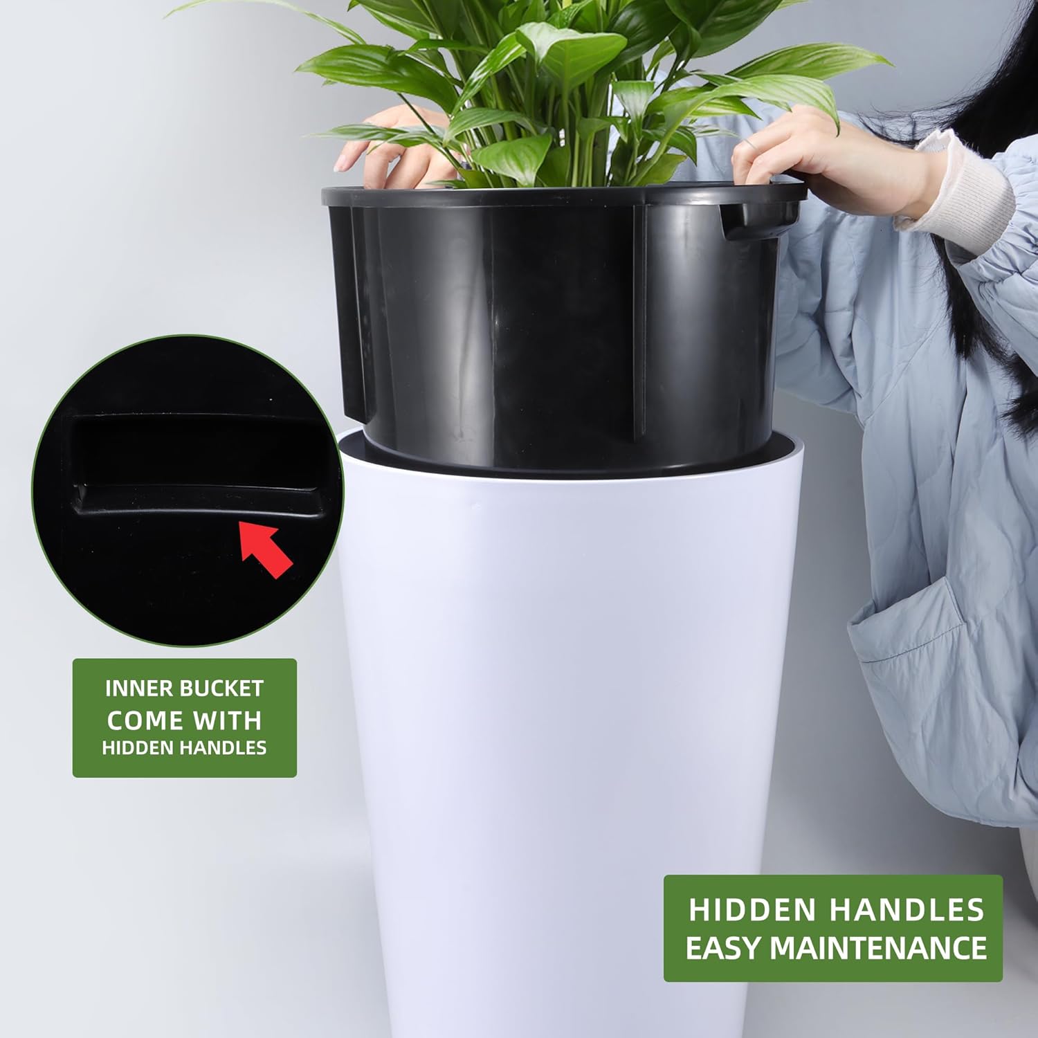 18x17 & 22x13 Self Watering Floor Standing Planter with Water Level Indicator (White Matte)
