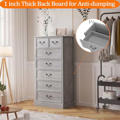 Farmhouse 7 Drawers Dresser for Bedroom, Wood Dresser Chest of Drawers Organizer Storage, Rustic Tall Dresser Chest of Drawer for Living Room, Closet, Hallway Children's Room