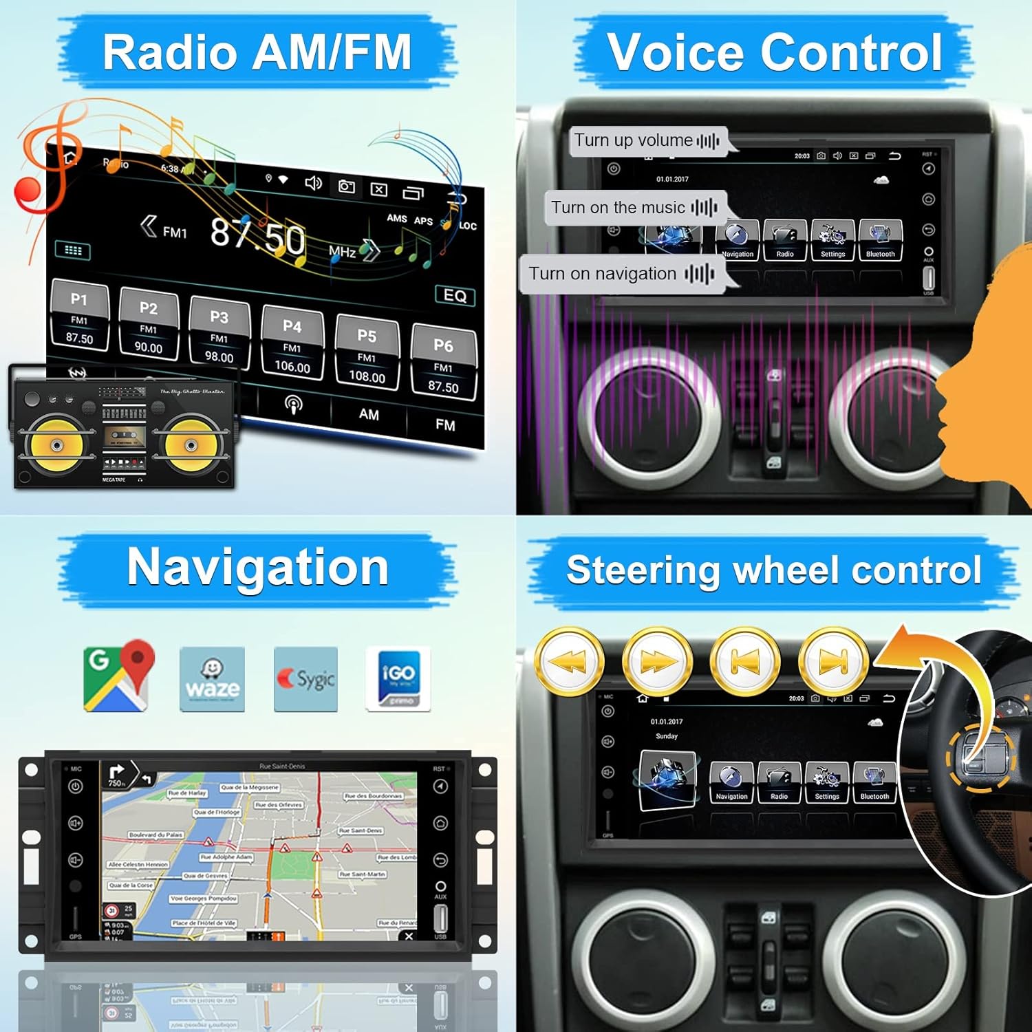Android Car Stereo Radio for Jeep Commander/Wrangler 7 inch Touch Screen Head Unit Video Multimedia Player Support Carplay, Android Auto,Voice Control Steering Wheel Control with Bluetooth,WiFi