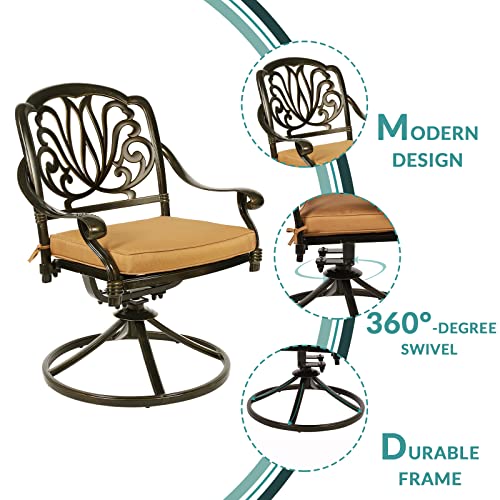 MEETWARM 3-Piece Outdoor Patio Dining Set, All-Weather Cast Aluminum Patio Conversation Set for Backyard Garden Deck with 2 Cushions Swivel Rocker Chairs and 31" Round Table, 2.2" Umbrella Hole