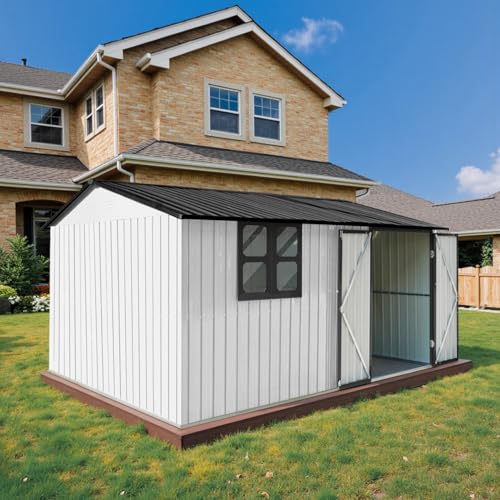 10' x 8' Large Outdoor Storage Shed, Sturdy Metal Building w/Windows & Lockable Doors for Garden, Backyard, Poolside and Lawn, Grey